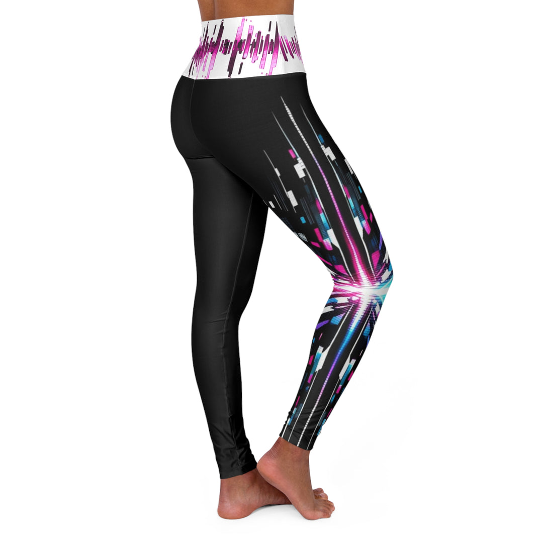 High-Waist Yoga Leggings — Neon Galaxy Burst AOP with Audio Wave Waistband
