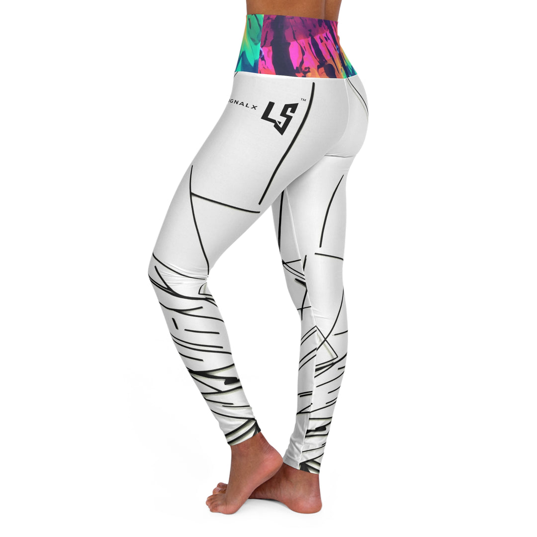 High-Waist Yoga Leggings — Abstract Black Line Art with Rainbow Tie-Dye Waistband