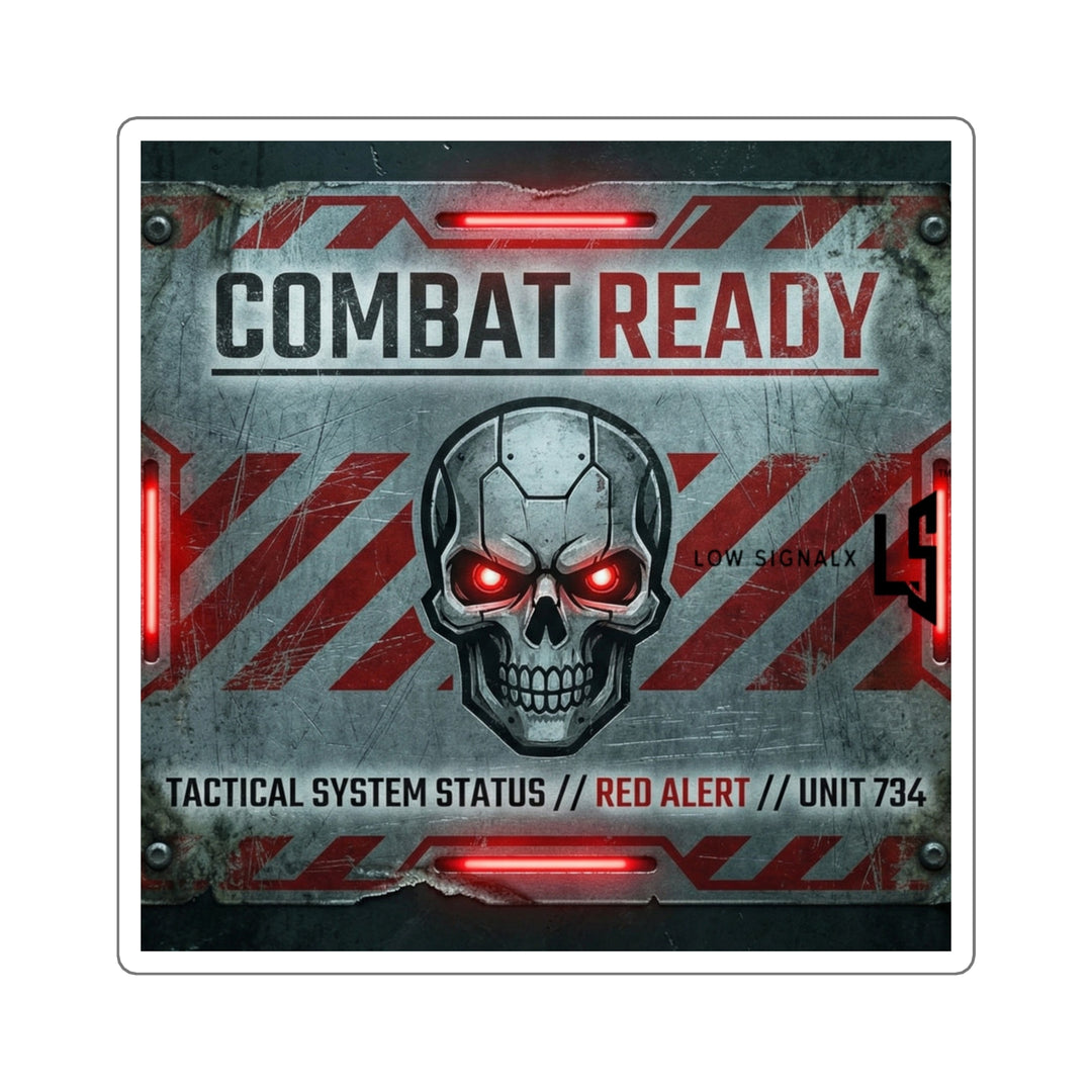 Combat Ready Skull Sticker — Tactical Red Alert Square Sticker