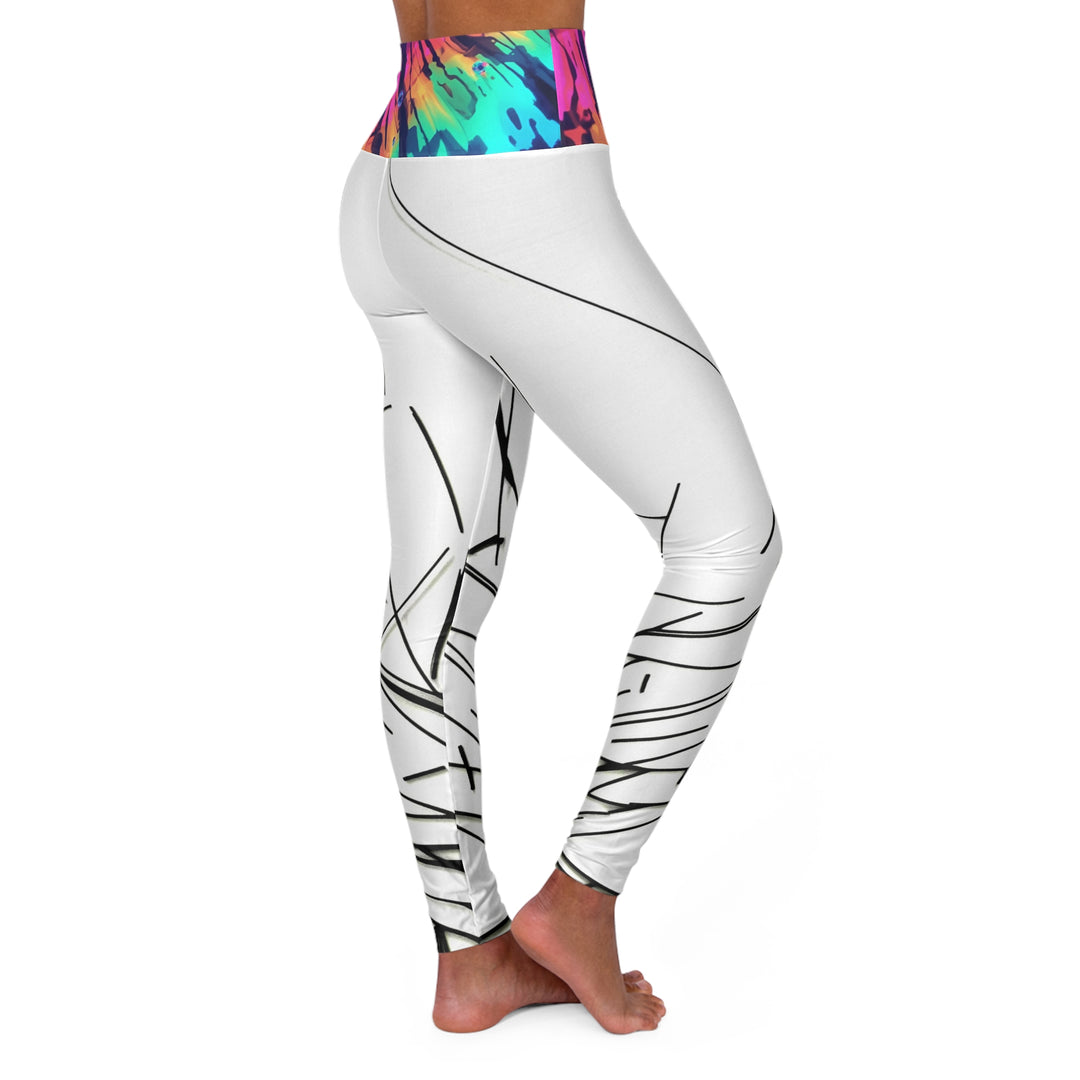 High-Waist Yoga Leggings — Abstract Black Line Art with Rainbow Tie-Dye Waistband