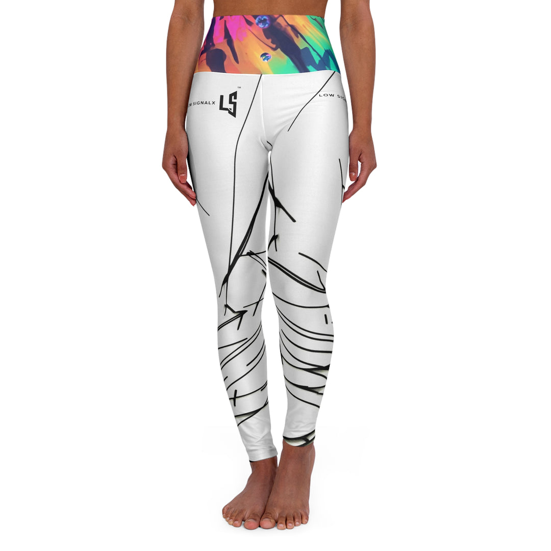 High-Waist Yoga Leggings — Abstract Black Line Art with Rainbow Tie-Dye Waistband