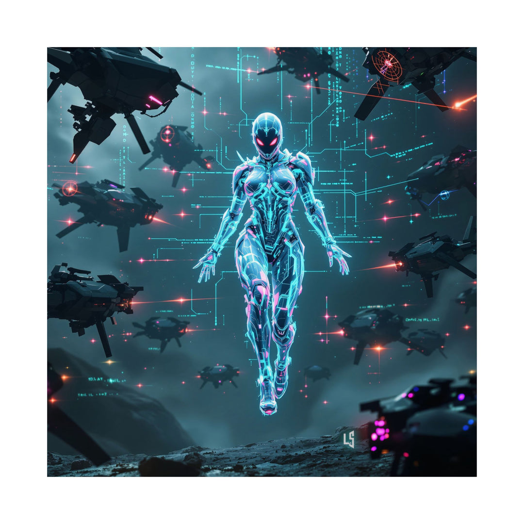Digital Cyber Assassin — Neon Sci-Fi Warrior Wall Art by Low SignalX