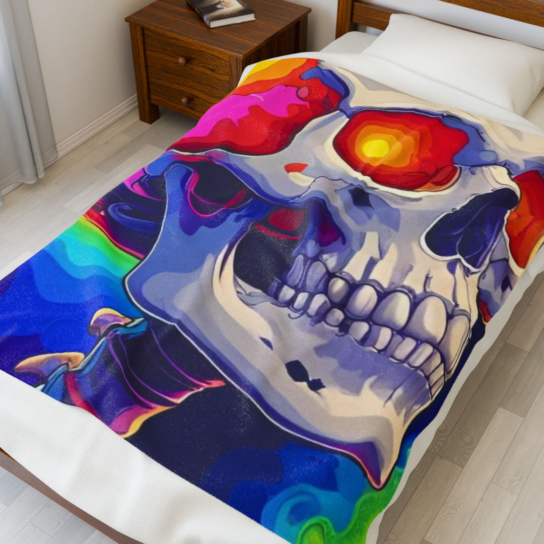 Psychedelic Skull Velveteen Plush Blanket, Cozy Throw for Home Decor, Halloween Gift, Colorful Soft Blanket, Unique Art Blanket