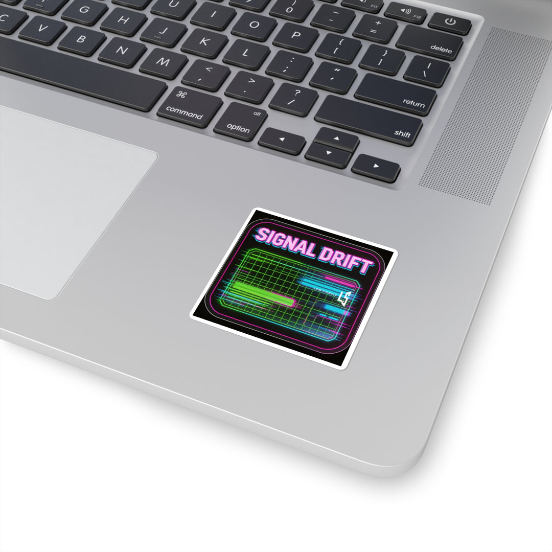 Signal Drift Square Sticker — Retro Neon Tech Laptop Decal
