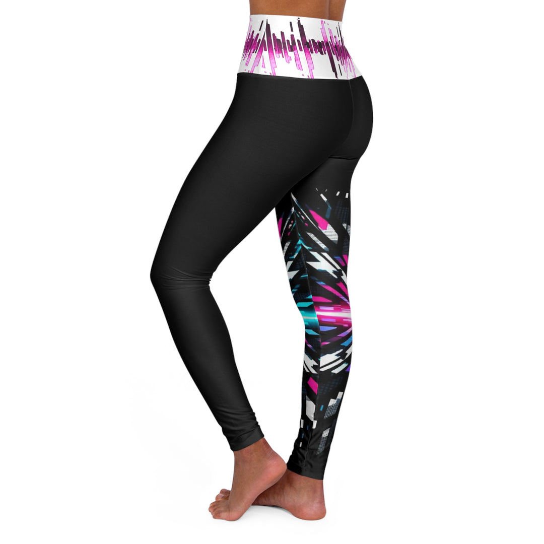 High-Waist Yoga Leggings — Neon Galaxy Burst AOP with Audio Wave Waistband