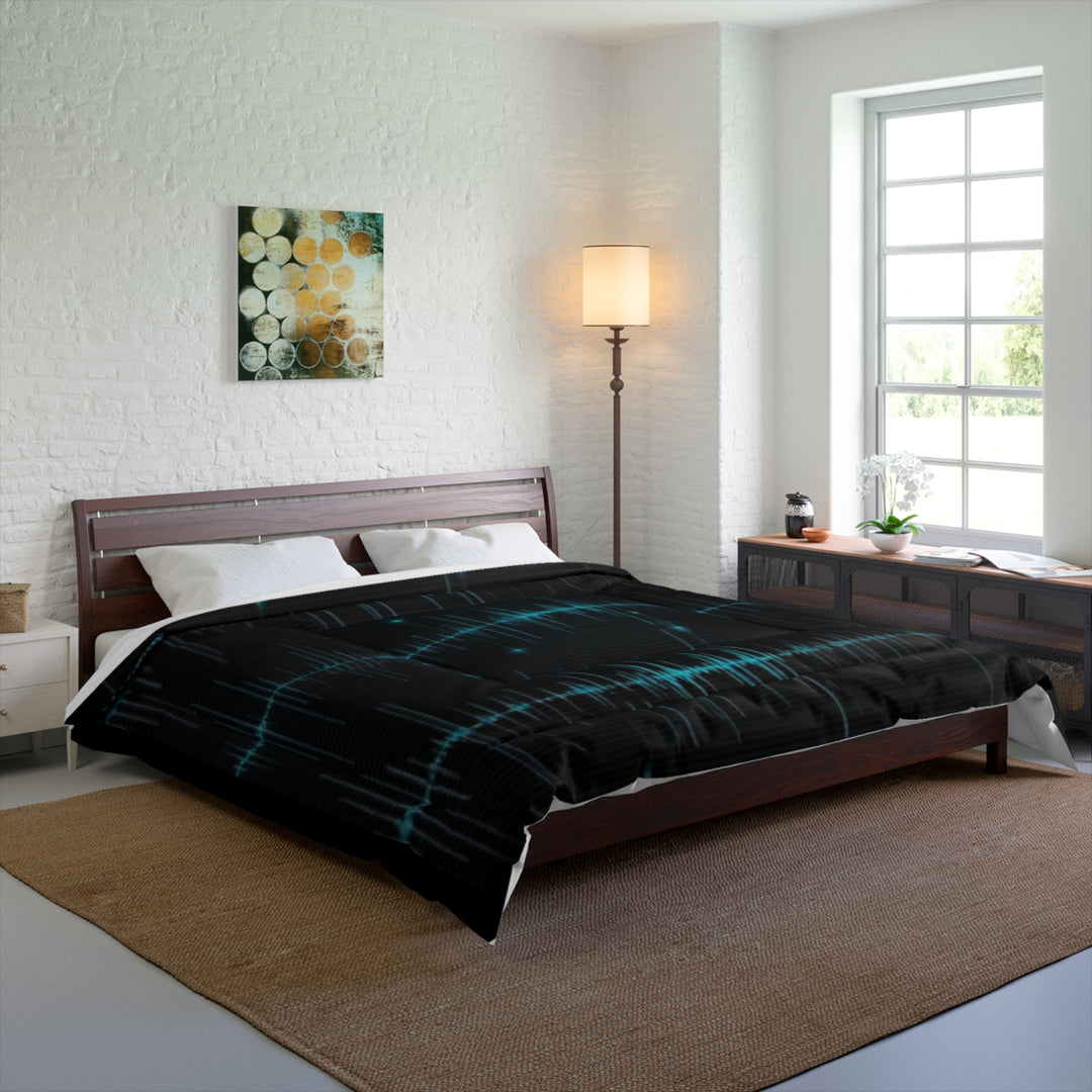 Soundwave Signal Comforter — Black & Teal Audio Pattern Bedding
