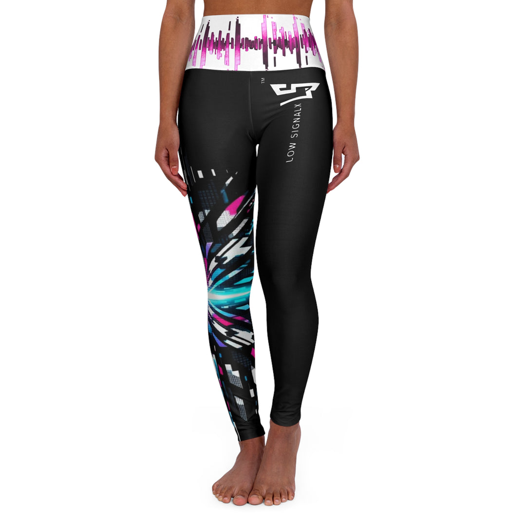 High-Waist Yoga Leggings — Neon Galaxy Burst AOP with Audio Wave Waistband