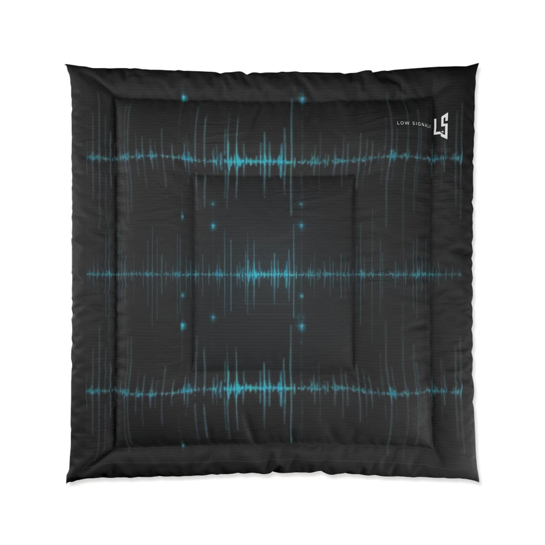 Soundwave Signal Comforter — Black & Teal Audio Pattern Bedding