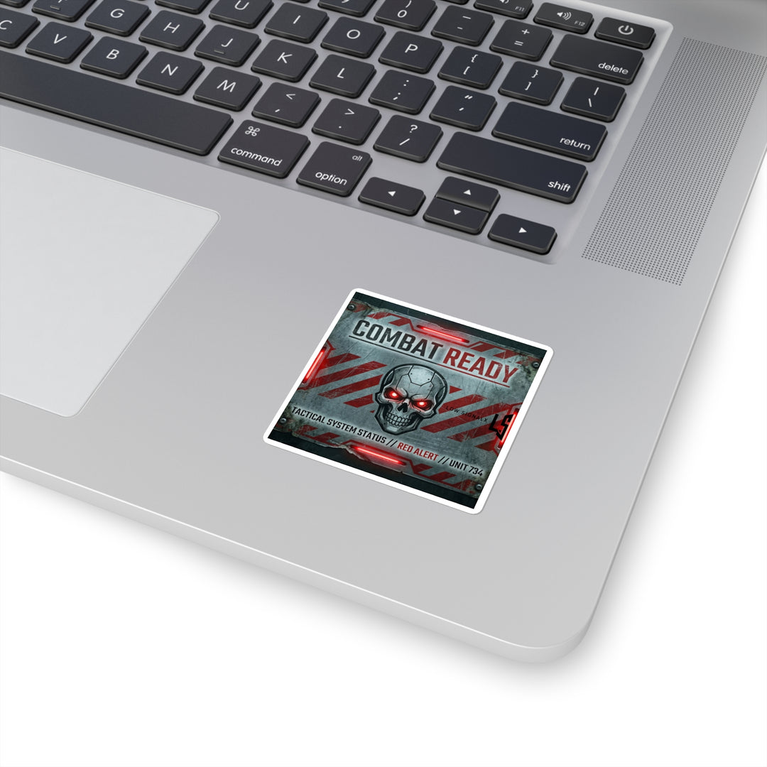 Combat Ready Skull Sticker — Tactical Red Alert Square Sticker