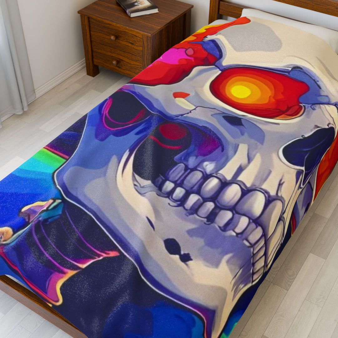 Psychedelic Skull Velveteen Plush Blanket, Cozy Throw for Home Decor, Halloween Gift, Colorful Soft Blanket, Unique Art Blanket