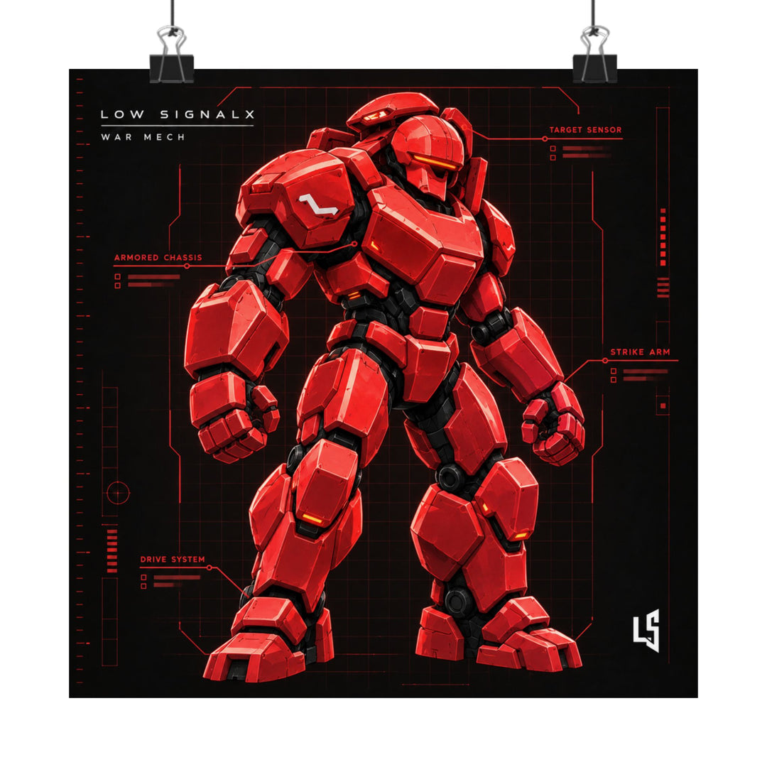 Low SignalX™ War Mech — Crimson Armor Blueprint Matte Poster