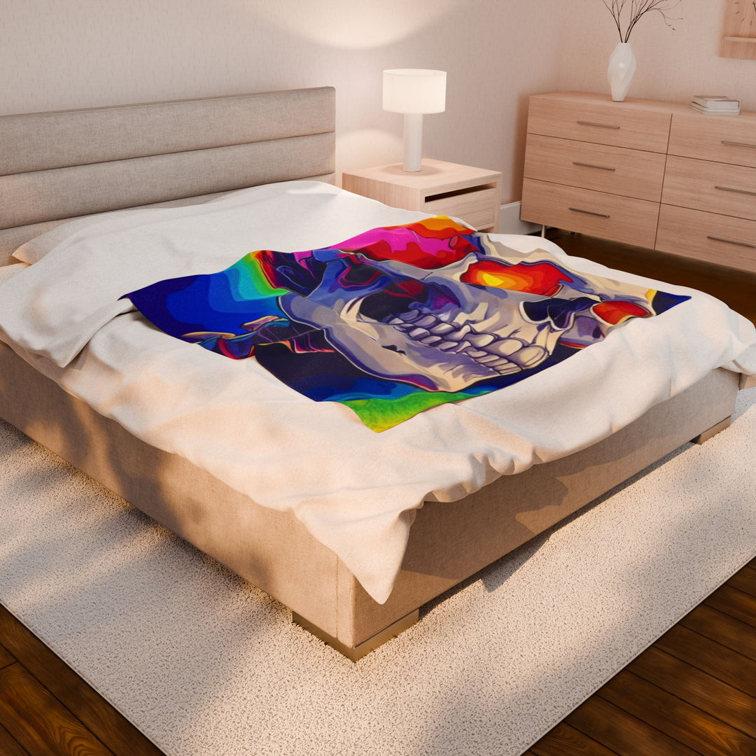 Psychedelic Skull Velveteen Plush Blanket, Cozy Throw for Home Decor, Halloween Gift, Colorful Soft Blanket, Unique Art Blanket