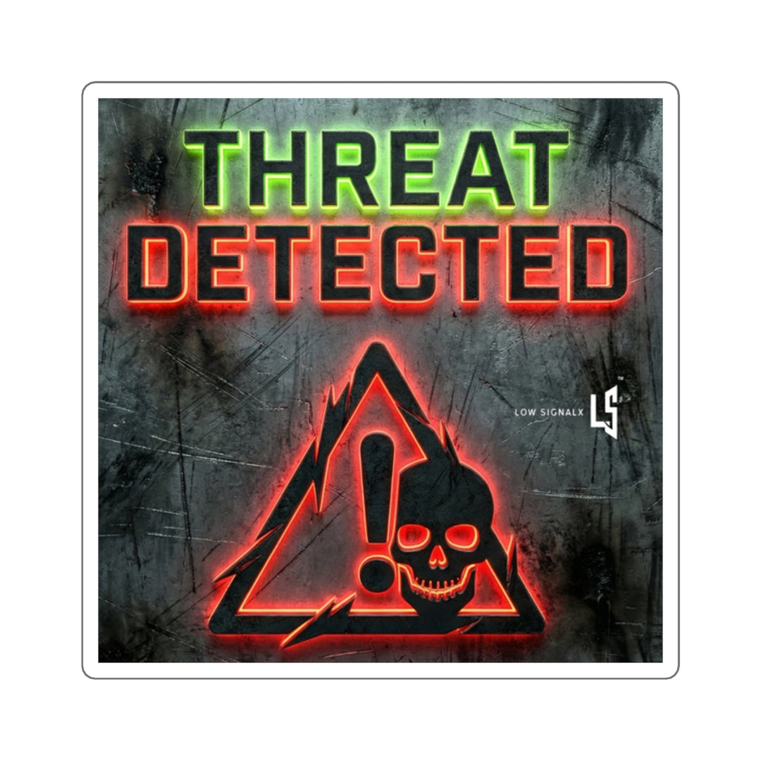 Threat Detected Square Sticker — Neon Hazard Skull Laptop Decal