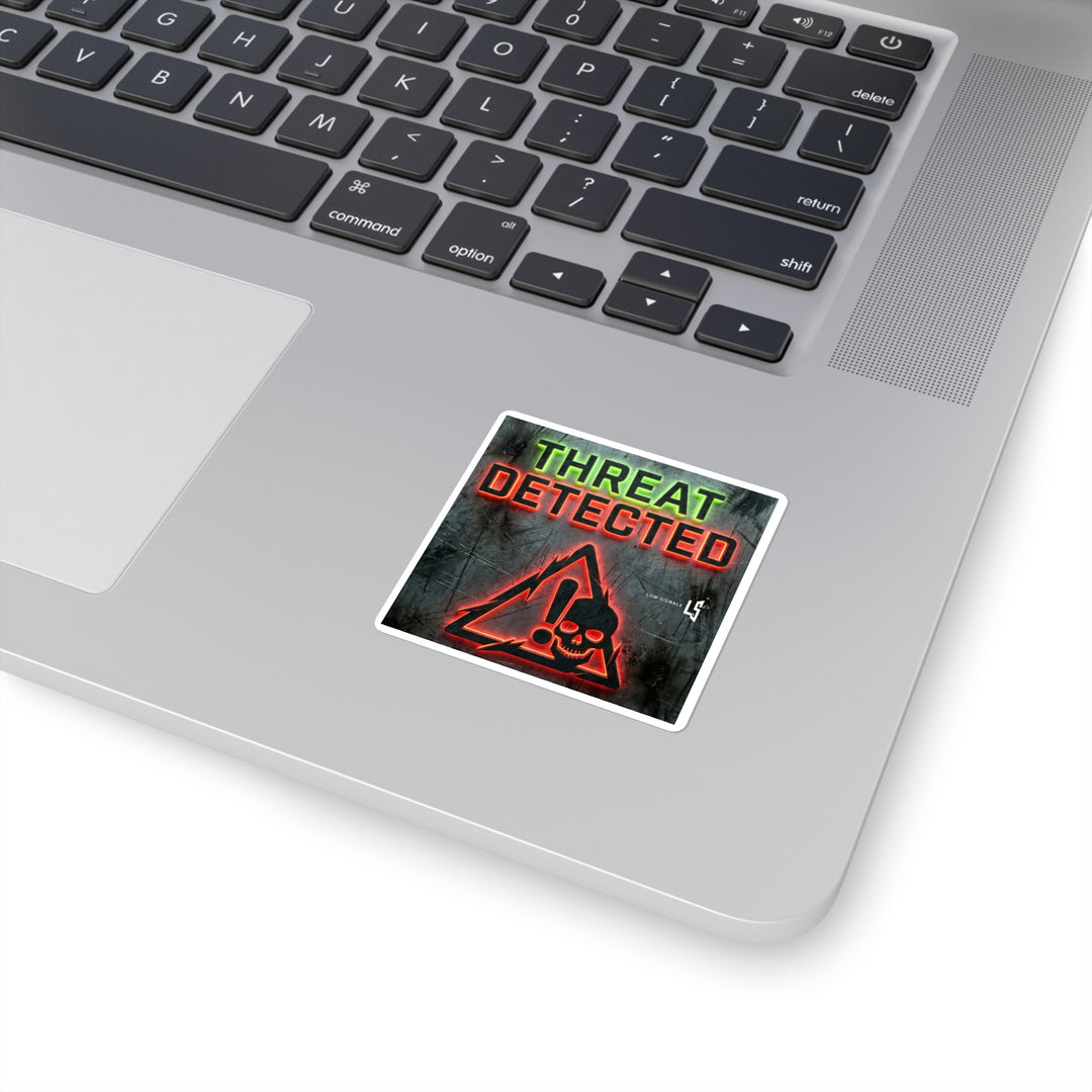 Threat Detected Square Sticker — Neon Hazard Skull Laptop Decal