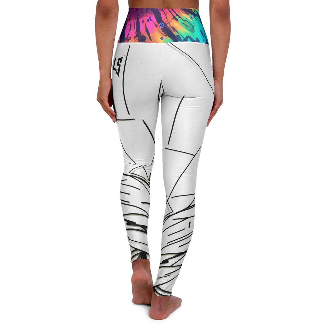 High-Waist Yoga Leggings — Abstract Black Line Art with Rainbow Tie-Dye Waistband