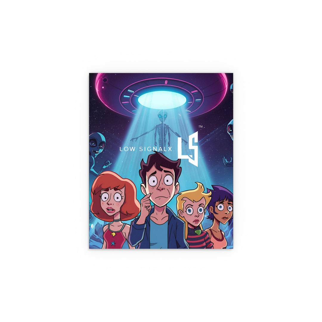Alien Abduction Cartoon Silk Poster — "Low SignalX" Retro UFO Wall Art (Indoor/Outdoor)