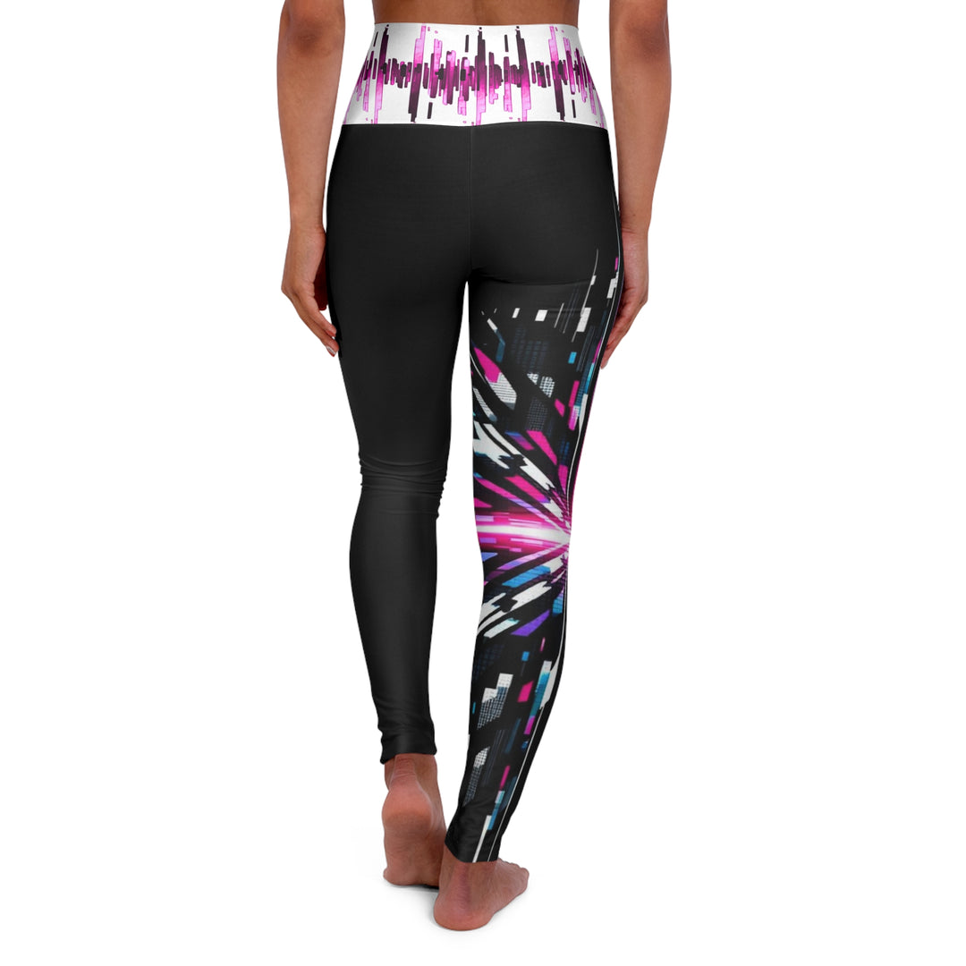 High-Waist Yoga Leggings — Neon Galaxy Burst AOP with Audio Wave Waistband