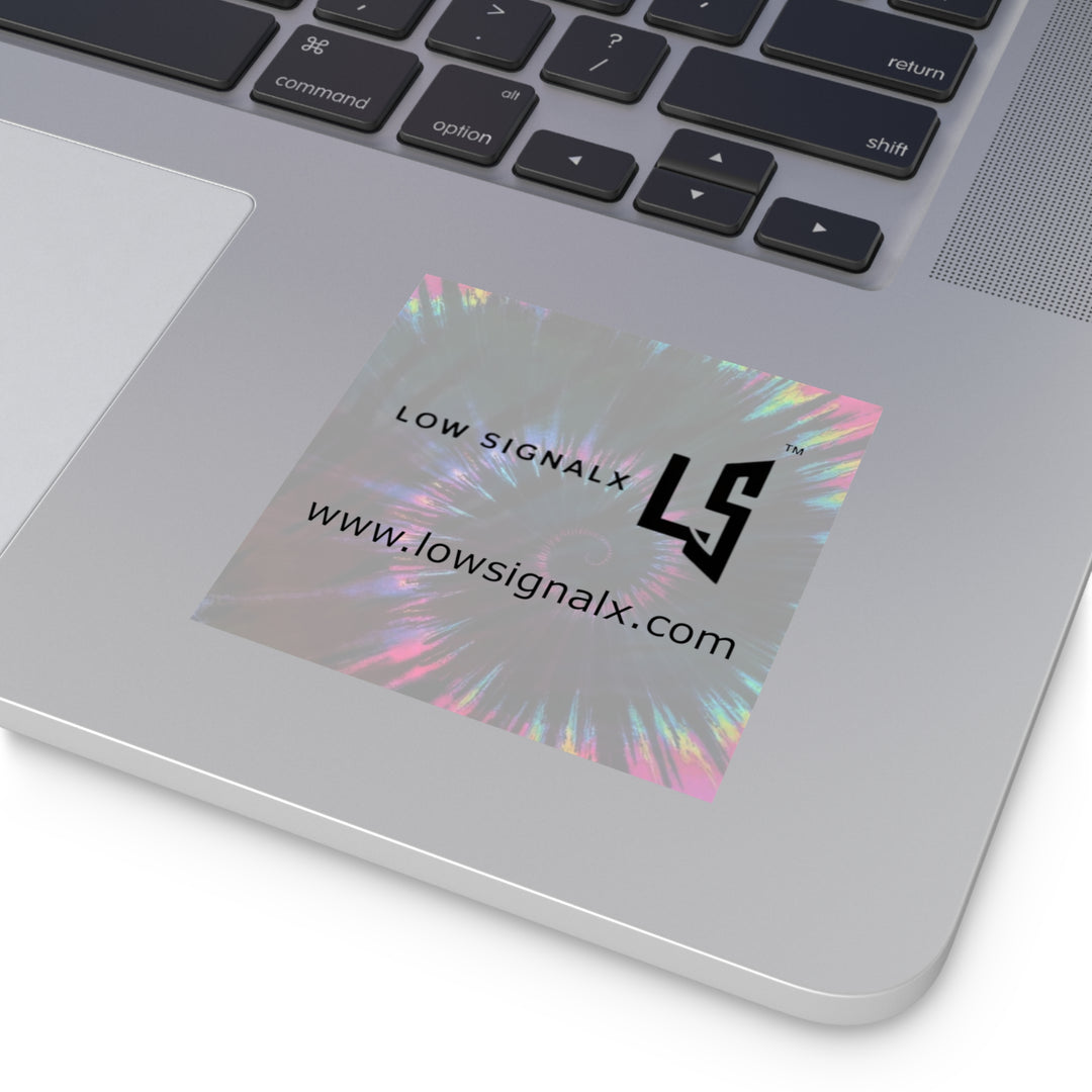 Holographic Tie-Dye Square Vinyl Sticker — Low SignalX Logo & URL