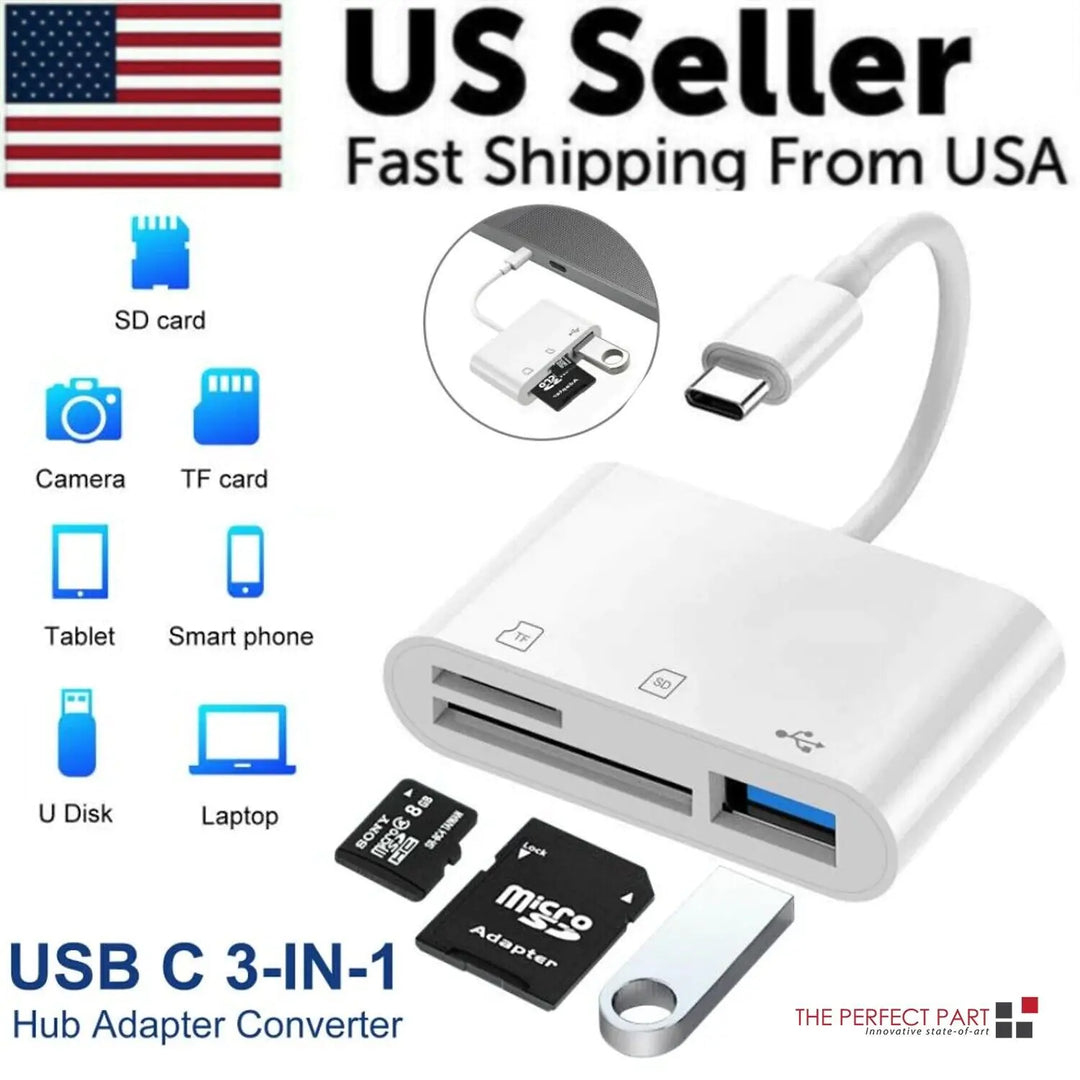 USB-C 3-in-1 Hub Adapter | SD + MicroSD + USB for MacBook & Android Devices