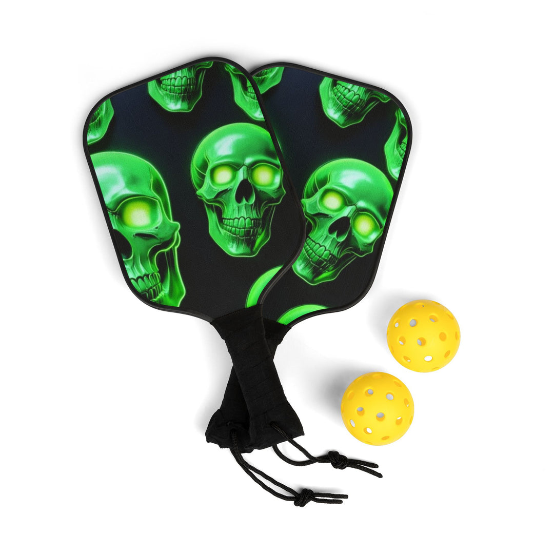 Green Skull Pickleball Set, Fun Sports Gear for Halloween, Gift for Pickleball Lovers, Unique Paddle and Balls, Outdoor Games accessory