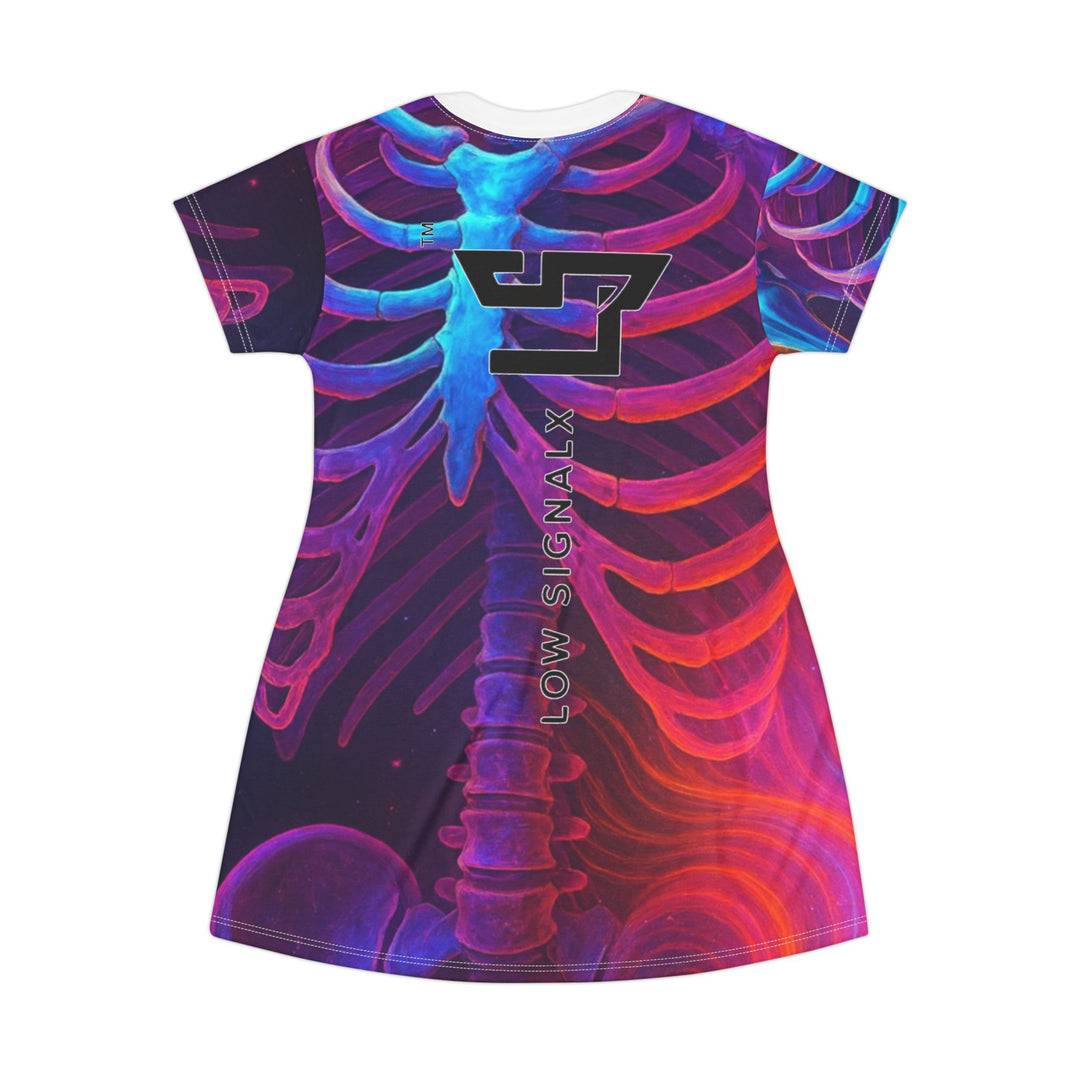 Neon Skeleton T-Shirt Dress - Trendy AOP Dress for Festivals, Halloween, Casual Wear, Unique Gift, Vibrant Design
