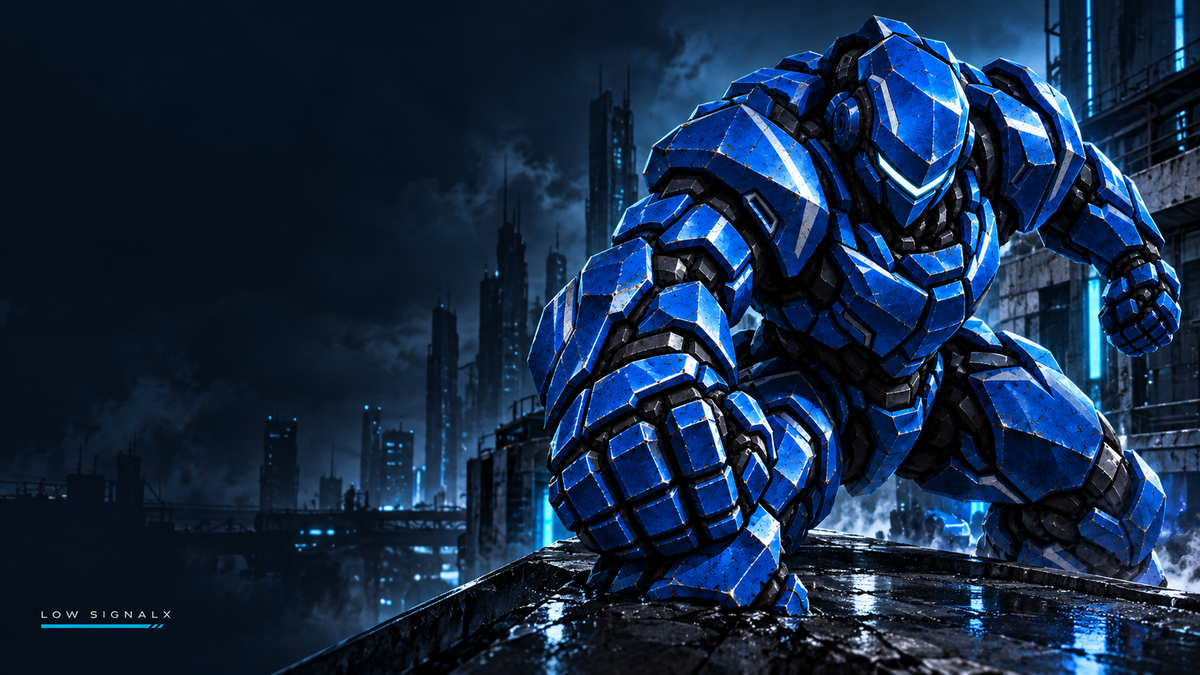 Low SignalX Cyber Warrior desktop wallpaper — cobalt armor above a dark futuristic city